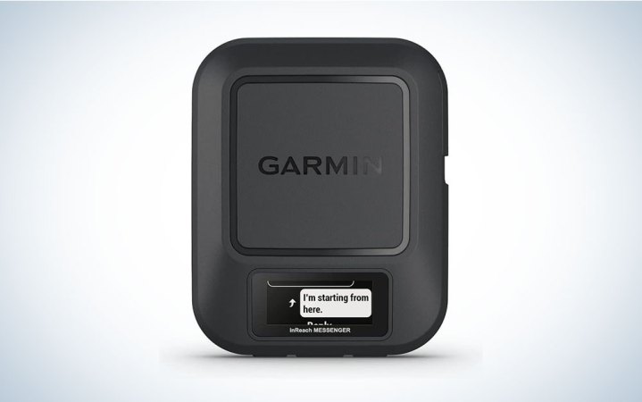  A black, square Garmin inReach Messenger Satellite Communicator on a plain background.