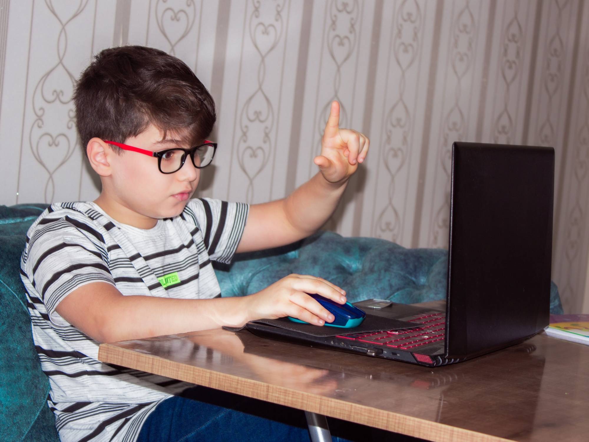 Kid with glasses using computer in a living room