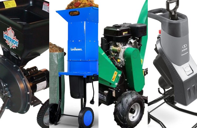 A lineup of wood chippers on a white background