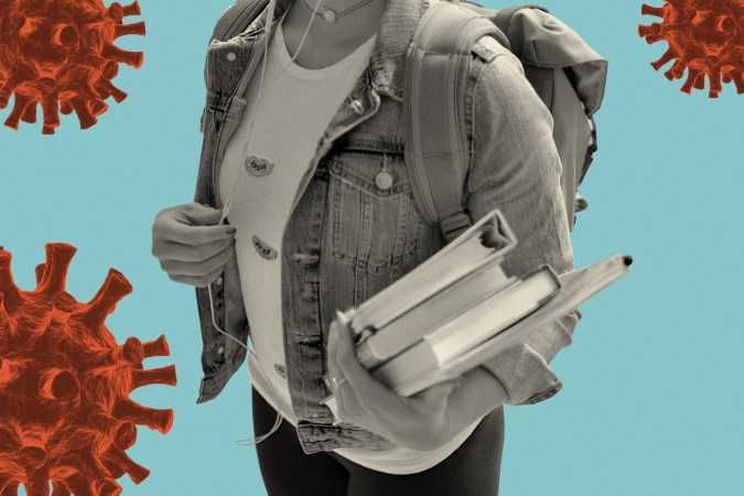 a person wearing a backpack and holding textbooks against a blue background with several red coronavirus illustrations