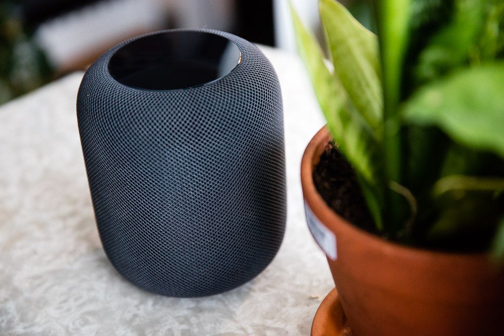 Apple's original HomePod smart speaker next to a plant on a table.