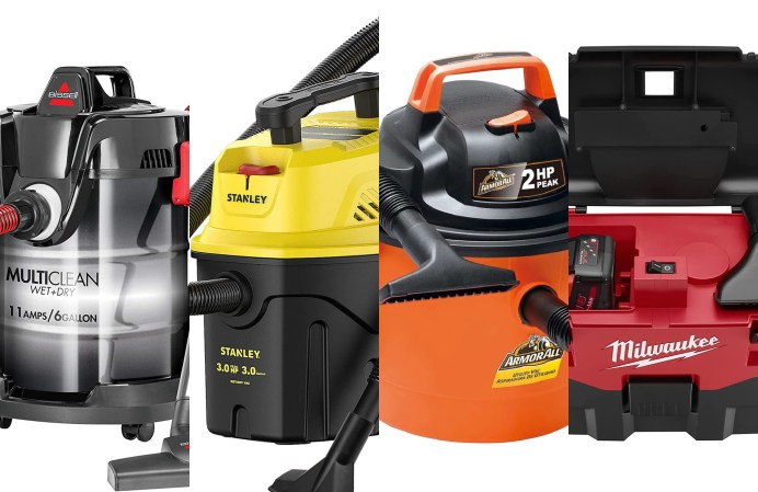 A lineup of shop vacuums on a white background