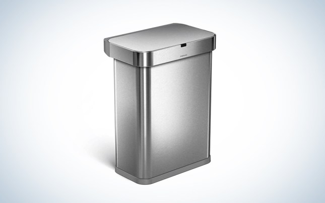 A Simplehuman silver smart trash can