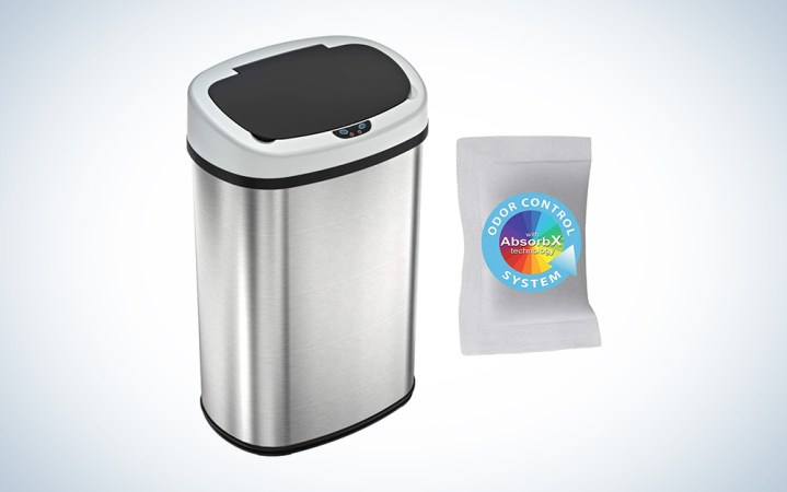  An iTouchless silver motion sensor trash can with dark lid