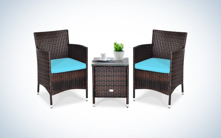  wicker patio furniture set with blue cushions