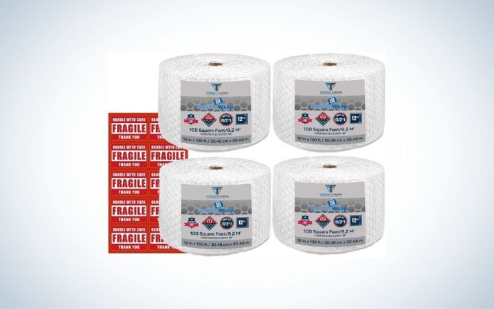  4 bubble wrap rolls with 10 fragile stickers