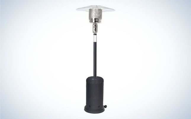 Black and silver patio heater on a mushroom shape with wheels