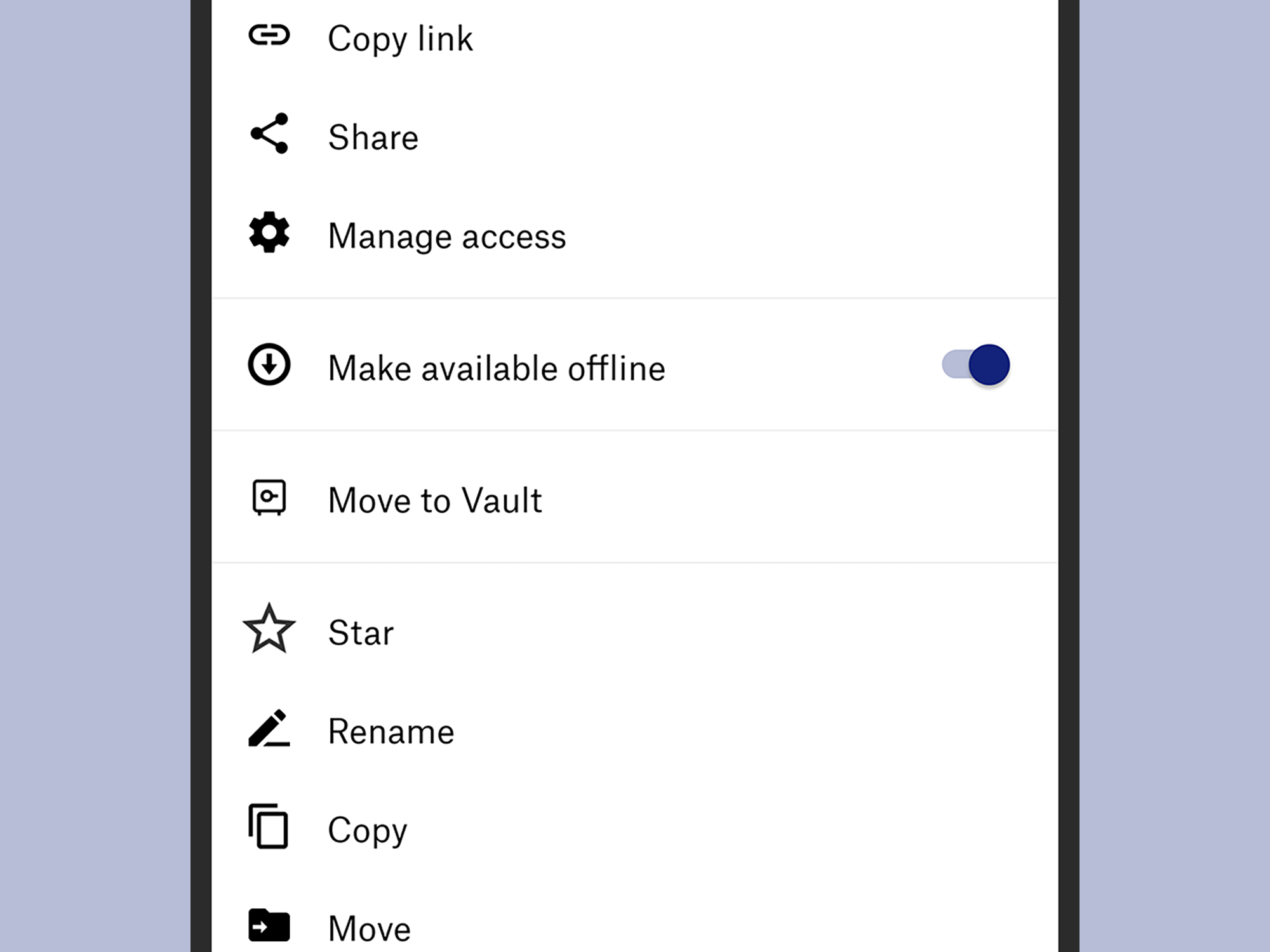 The Dropbox menu that lets you make files available offline and save them to your phone.