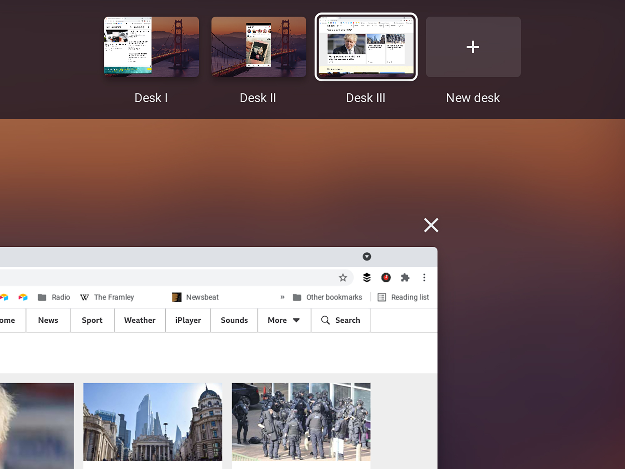 Multiple desktops on Chrome OS, known as desks.