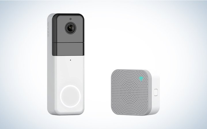  A Wyze wireless video doorbell on a blue and white background