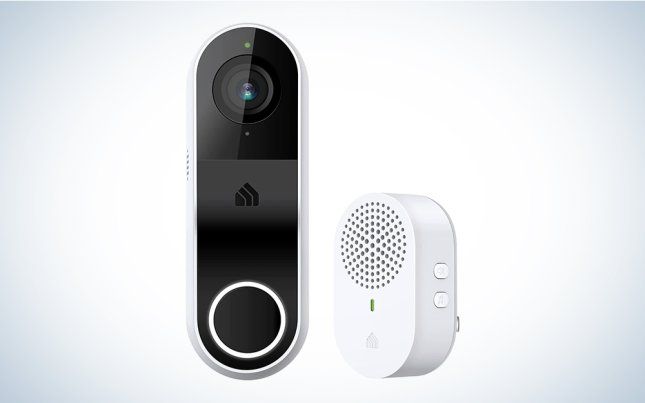 A Kasa Smart Video Doorbell on a blue and white background