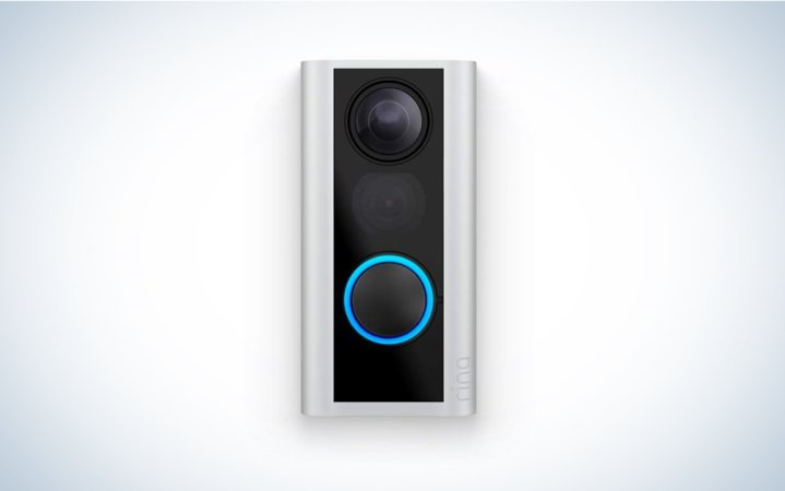  A Ring peephole camera on a blue and white background