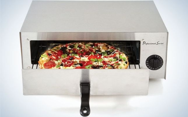 A copper and oven for silver pizza and rectangular shape and inside it with a grill in which there is a pizza.