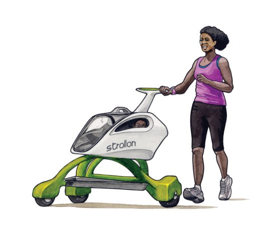 Parent in pink tank top pushing baby in a futuristic green and white stroller