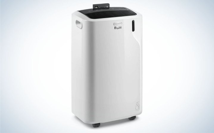  White and black portable air conditioner with black remote control