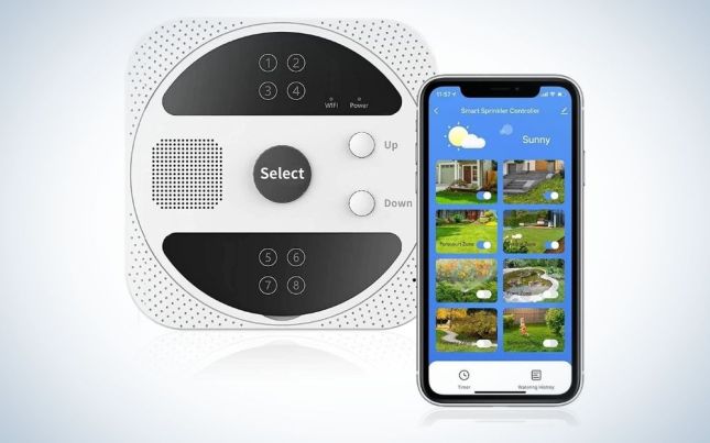 Black and white smart sprinkler controller with voice control