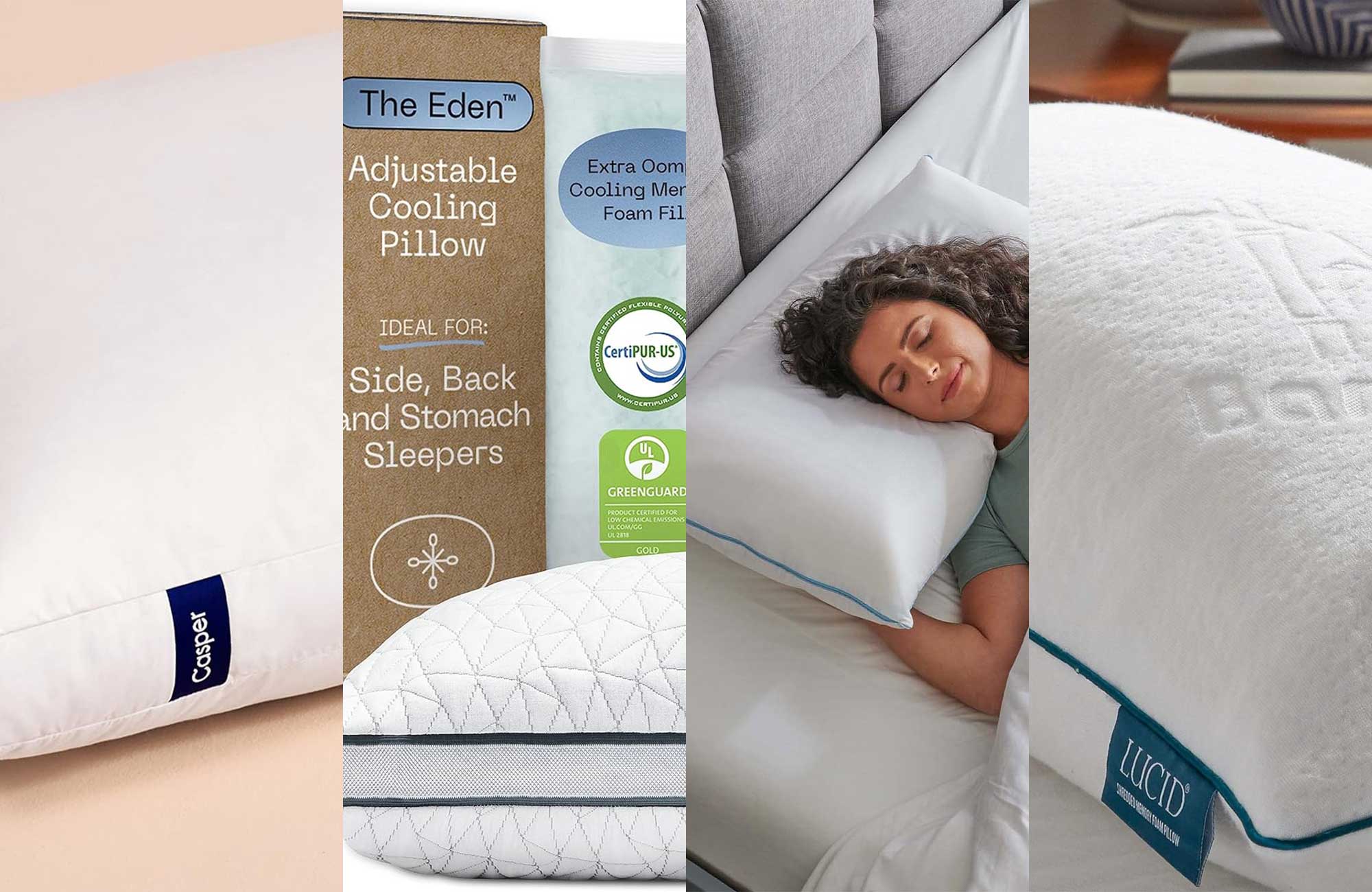 A lineup of the best pillows on a plain background.