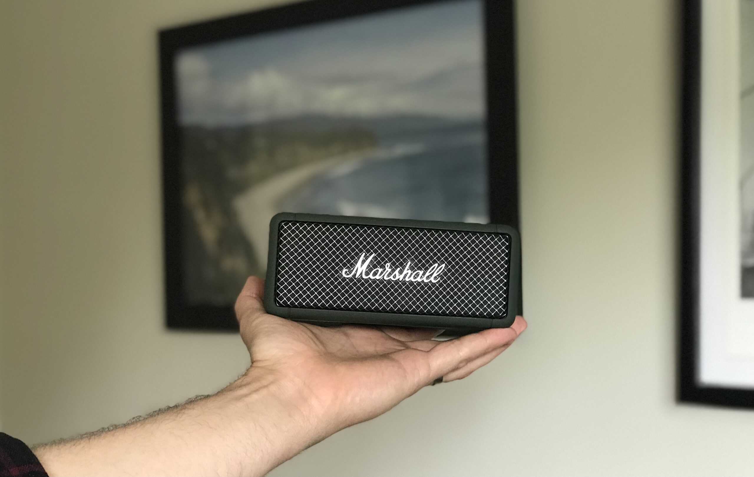 Marshall Emberton Bluetooth speaker in hand