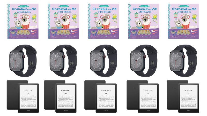 Three rows of the best gifts for grandparents: The book, Grandma and Me in the Kitchen, the Apple Watch Series 8, and the Kindle Paperwhite.