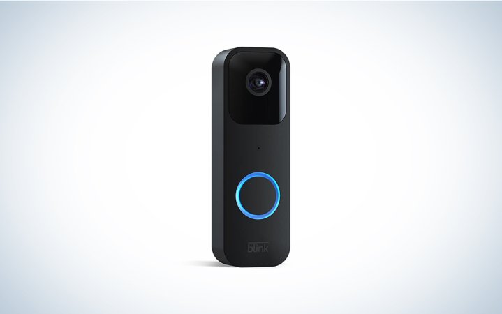  A black Blink video doorbell on a blue and white gradient background