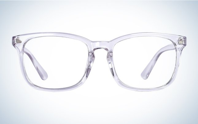 A pair of blue light glasses with a translucent frame on a blue and white background