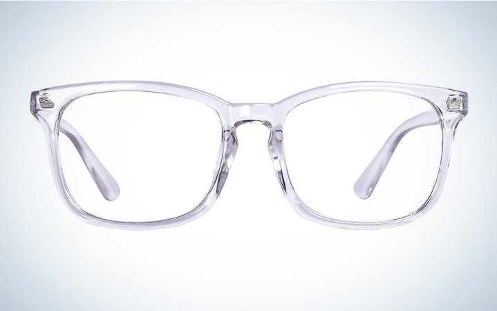  A pair of blue light glasses with a translucent frame on a blue and white background