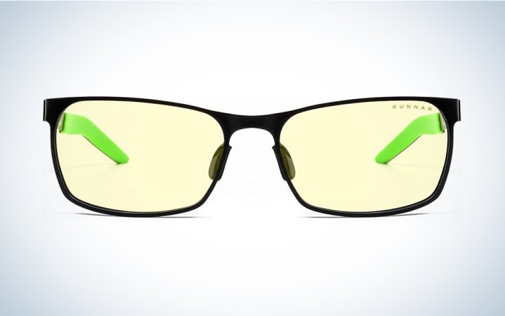  A pair of yellow tinted glasses on a blue and white background.