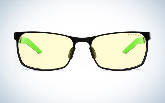 A pair of yellow tinted glasses on a blue and white background.