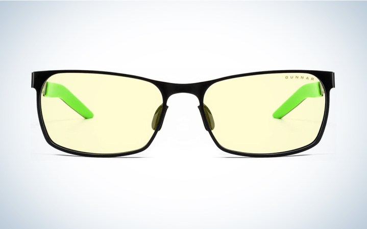  A pair of yellow tinted glasses on a blue and white background.