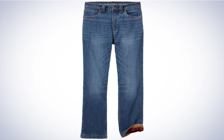  Duluth Trading Company Ballroom Double Flex Relaxed Fit Lined Jeans on a plain white background. 