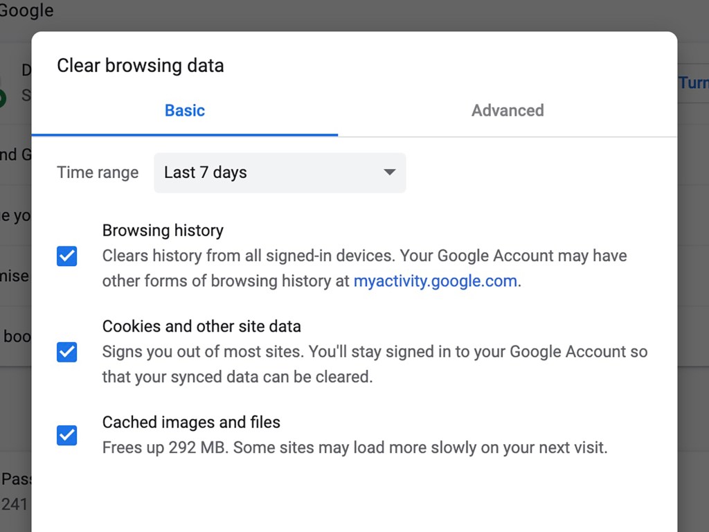 The options for clearing your Google browsing history data.