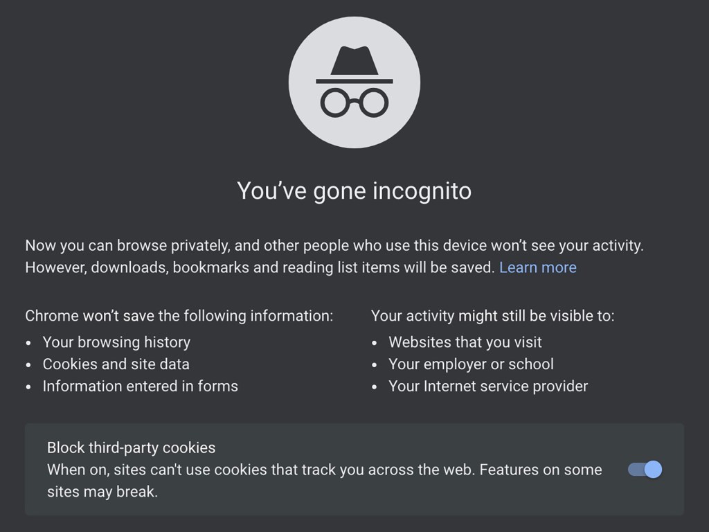 The opening screen of Google's incognito mode.