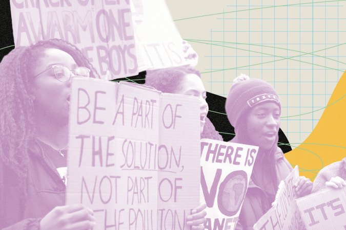 Young climate change activists holding signs at a protest with a light purple filter