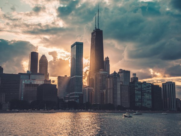 The 360 Chicago observatory and other skyscrapers along the Lake Michigan shoreline.