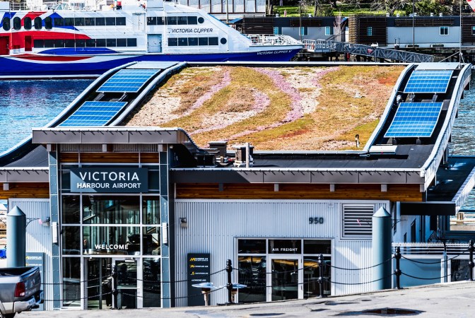 Airport with green and solar roof.