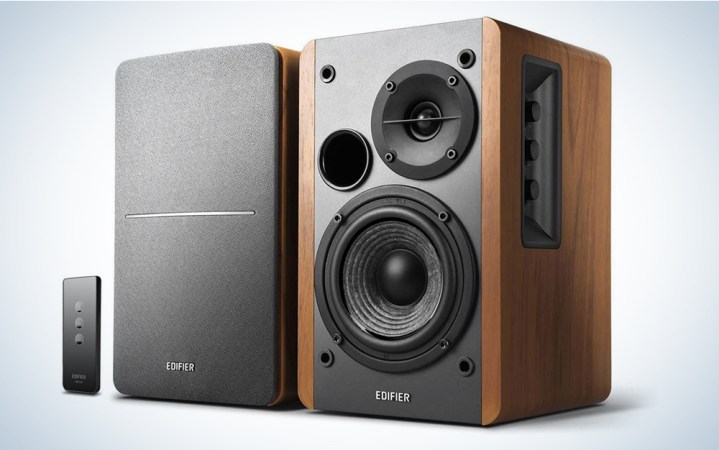  Edifer R1280T budget bookshelf speakers in brown with remote