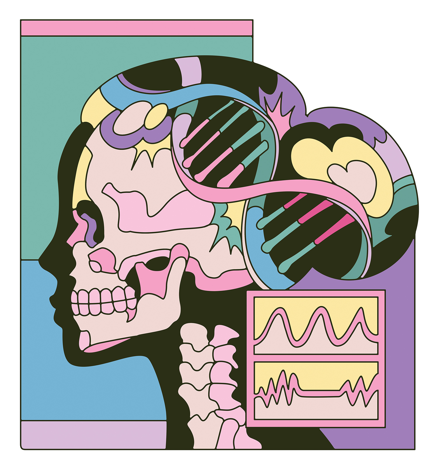 Skeleton, heartbeat, DNA, temperature graph