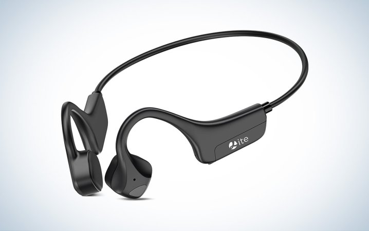  A pair of black Guudsoud Lite bone conduction headphones are placed against a white background.