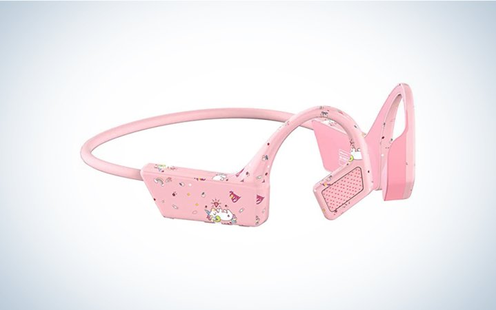  A pair of pink bone conduction headphones with a unicorn pattern on a blue and white background