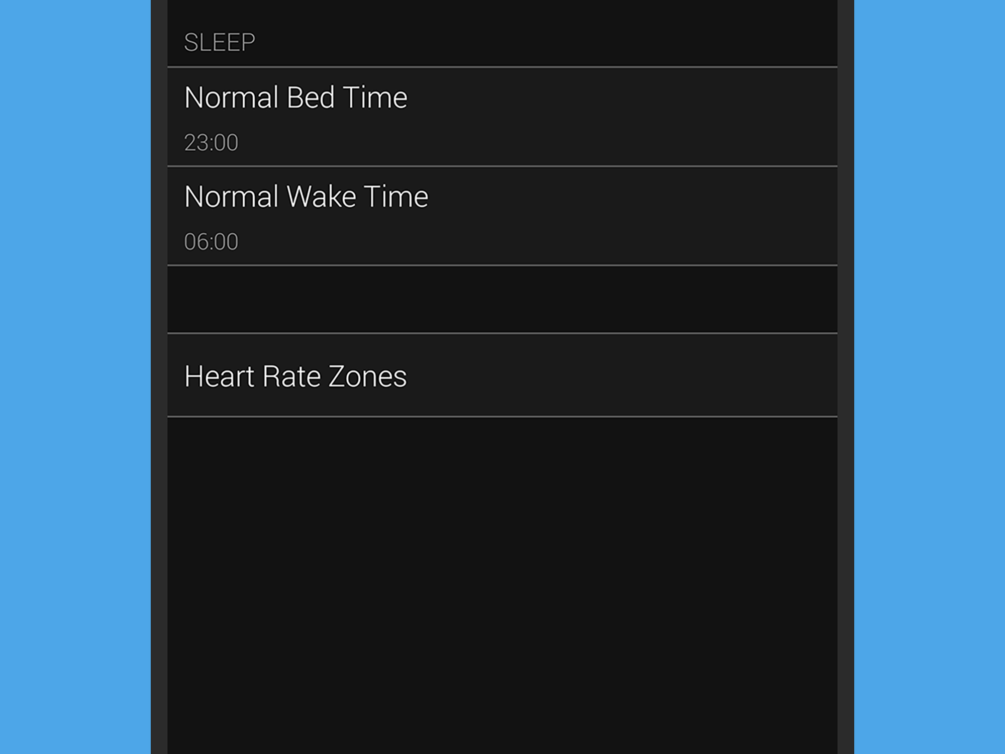 The options for bed time and wake time on a Garmin smartwatch.