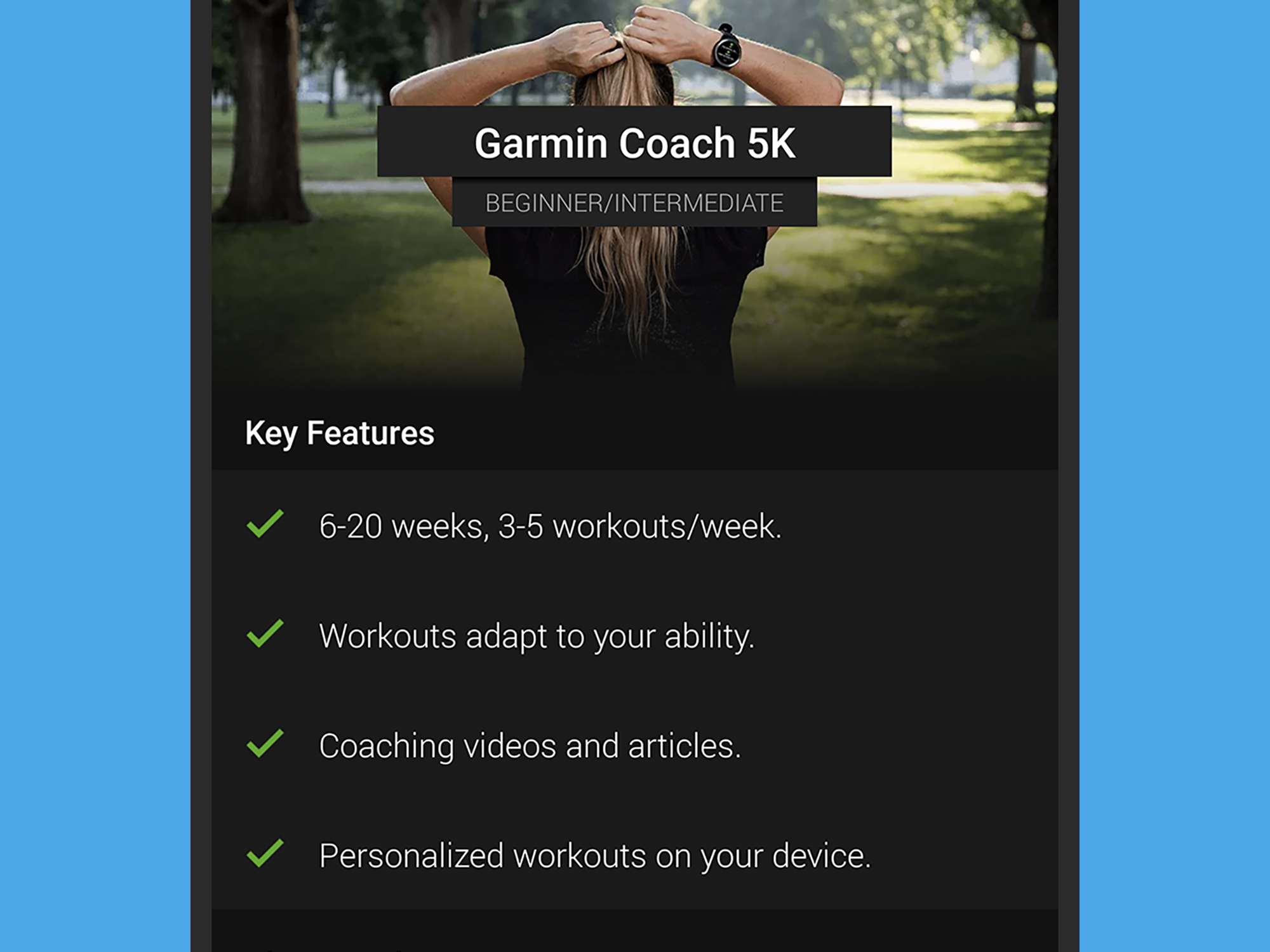 A Garmin smartwatch training plan for a 5K run.