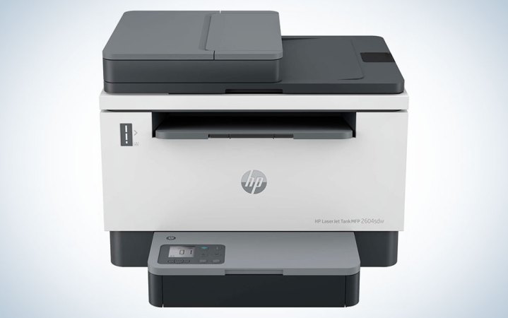  An HP LaserJet-Tank MFP 2604sdw on a plain background.