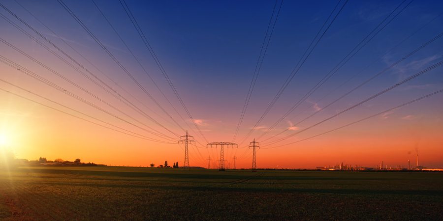 transmission lines at sunset