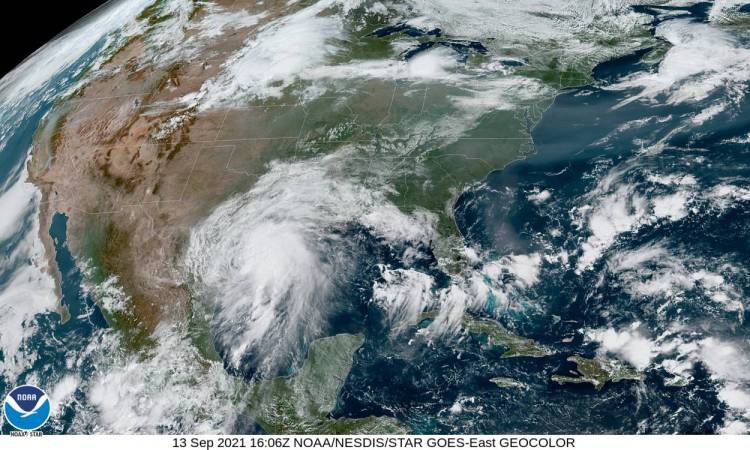 A satellite image of Tropical Storm Nicholas moving towards coastal Texas and Louisiana.