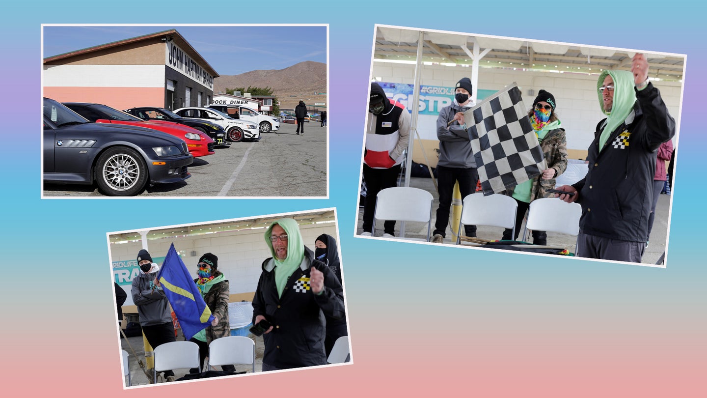 Drivers going through flag training at a race course on a light pink and blue backgroundand