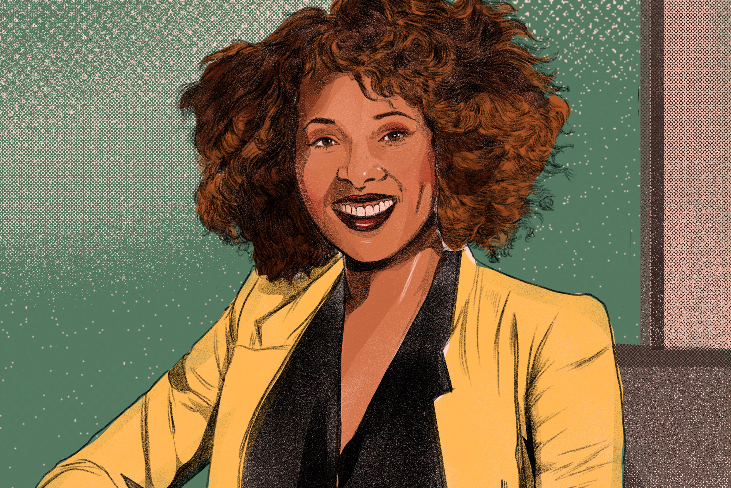 a black woman in a yellow blazer on a green background