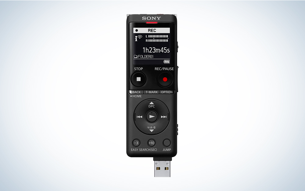  A black Sony ICD-UX570 Digital Voice Recorder on a blue and white background