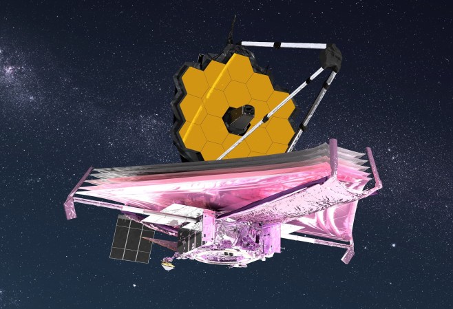 James Webb telescope traveling through space on a pink foil craft