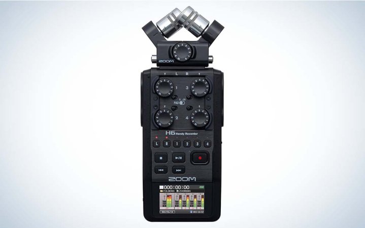  This black voice recorder, the Zoom H6 All Black Recorder, features dials and buttons for fine-tuning sound.