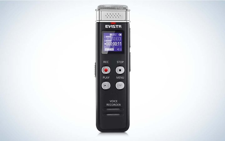  A slim black digital voice recorder made by Evistr against a gray gradient background.